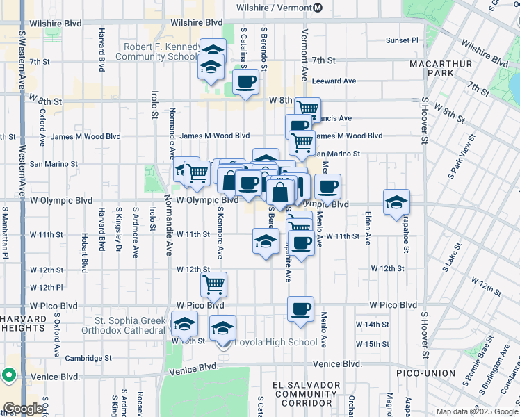 map of restaurants, bars, coffee shops, grocery stores, and more near 1016 South Catalina Street in Los Angeles
