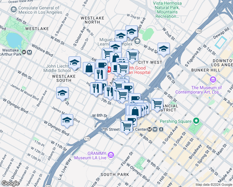 map of restaurants, bars, coffee shops, grocery stores, and more near 1100 Wilshire Boulevard in Los Angeles