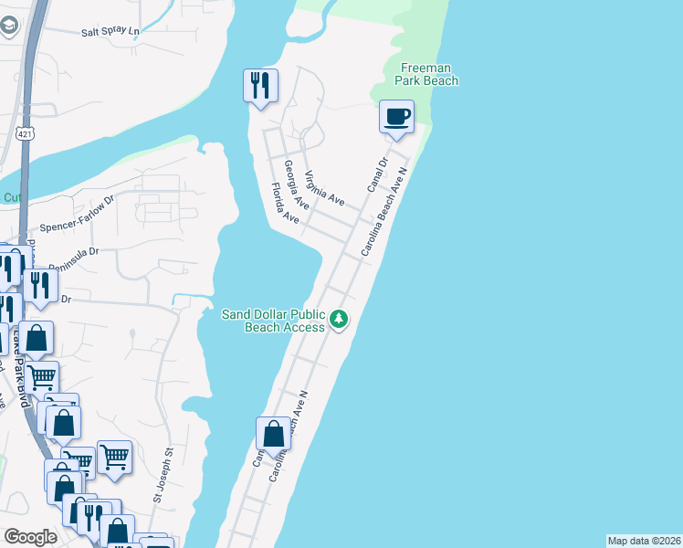 map of restaurants, bars, coffee shops, grocery stores, and more near 1403 Carolina Beach Avenue North in Carolina Beach