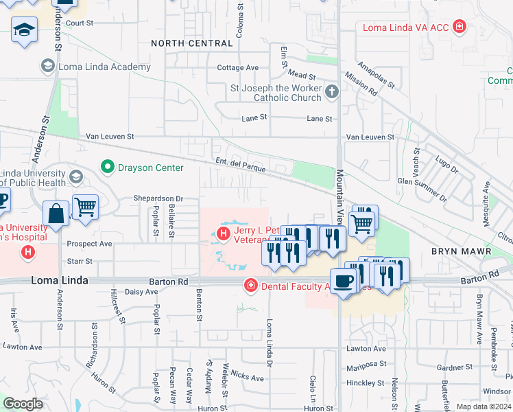 map of restaurants, bars, coffee shops, grocery stores, and more near 11096 Willis Drive in Loma Linda