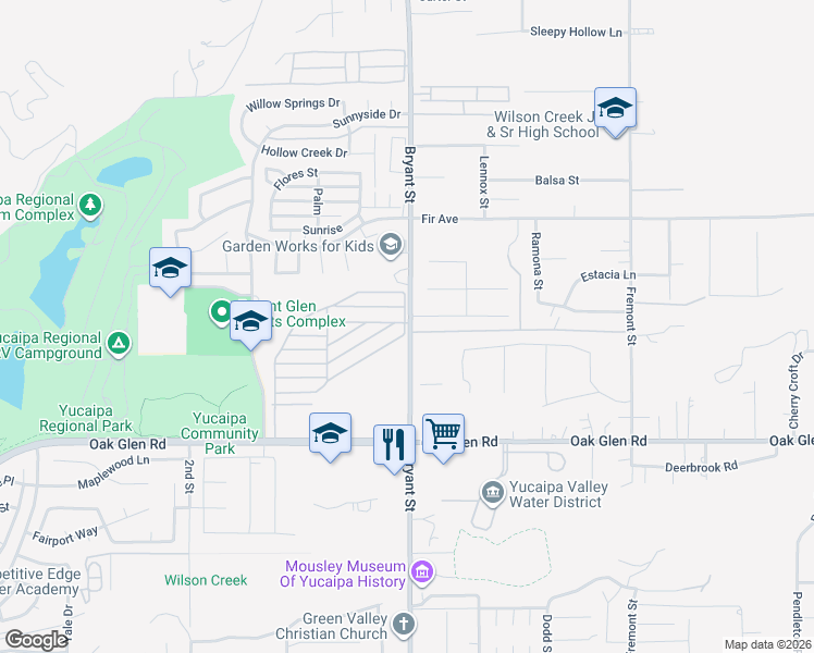 map of restaurants, bars, coffee shops, grocery stores, and more near 11048 Bryant Street in Yucaipa