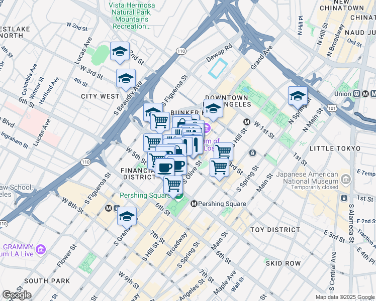 map of restaurants, bars, coffee shops, grocery stores, and more near 355 South Grand Avenue in Los Angeles