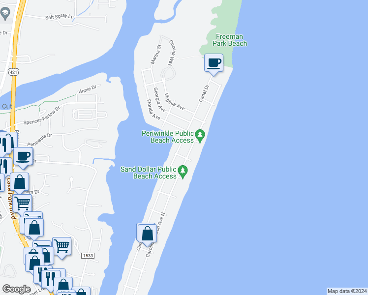 map of restaurants, bars, coffee shops, grocery stores, and more near 1404 Canal Drive in Carolina Beach