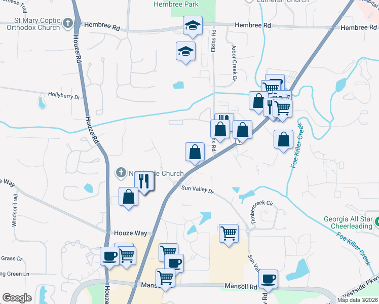 map of restaurants, bars, coffee shops, grocery stores, and more near 11130 Alpharetta Highway in Roswell