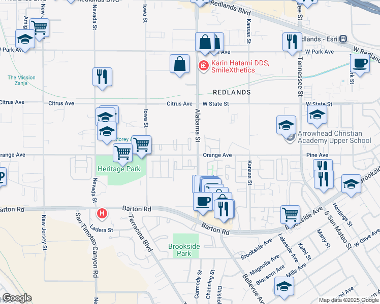 map of restaurants, bars, coffee shops, grocery stores, and more near 1610 Orange Avenue in Redlands