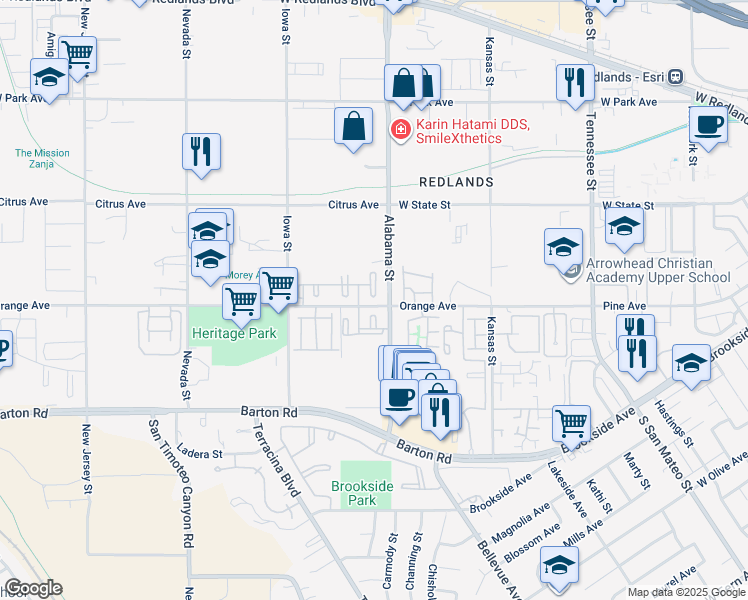 map of restaurants, bars, coffee shops, grocery stores, and more near 1610 Orange Avenue in Redlands