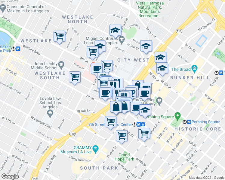 map of restaurants, bars, coffee shops, grocery stores, and more near 1001 Wilshire Boulevard in Los Angeles