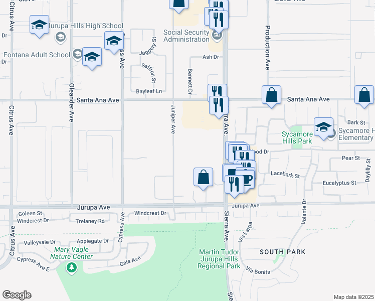 map of restaurants, bars, coffee shops, grocery stores, and more near 11145 Juniper Avenue in Fontana