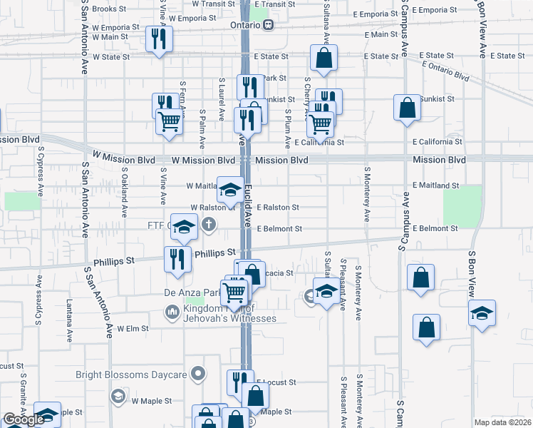 map of restaurants, bars, coffee shops, grocery stores, and more near 128 East Belmont Street in Ontario