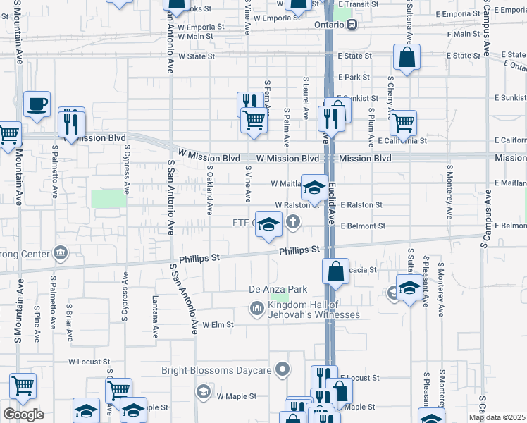 map of restaurants, bars, coffee shops, grocery stores, and more near 1129 South Vine Avenue in Ontario