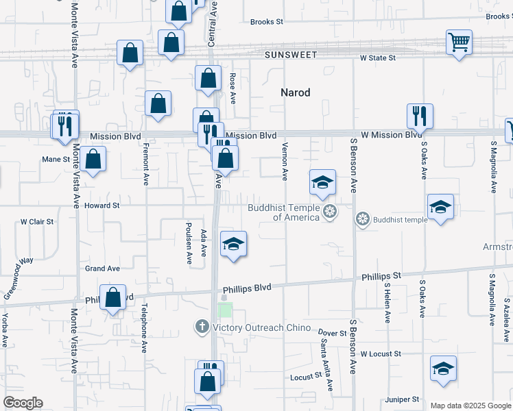map of restaurants, bars, coffee shops, grocery stores, and more near 5414 West Clair Street in Ontario