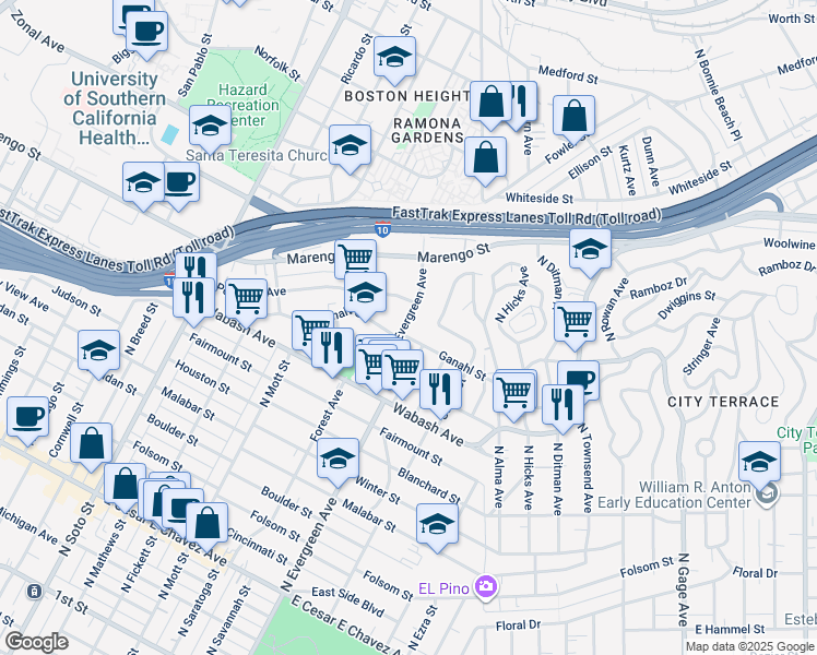 map of restaurants, bars, coffee shops, grocery stores, and more near 1063 Dundas Street in Los Angeles