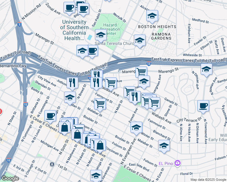 map of restaurants, bars, coffee shops, grocery stores, and more near 2520 Wabash Avenue in Los Angeles