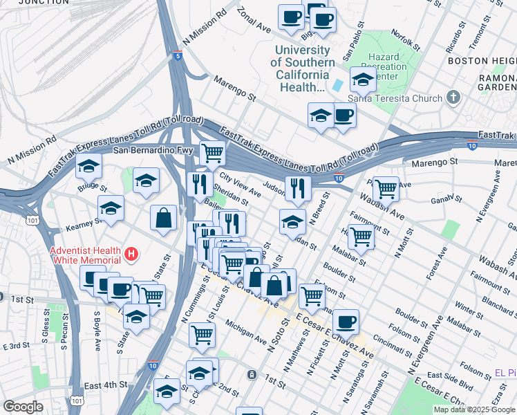 map of restaurants, bars, coffee shops, grocery stores, and more near 656 North Cummings Street in Los Angeles