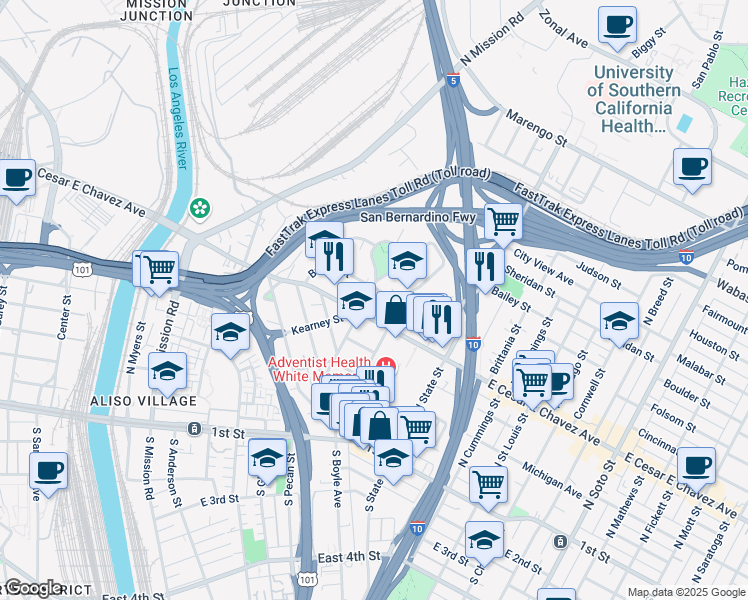 map of restaurants, bars, coffee shops, grocery stores, and more near 1700 East Cesar E Chavez Avenue in Los Angeles