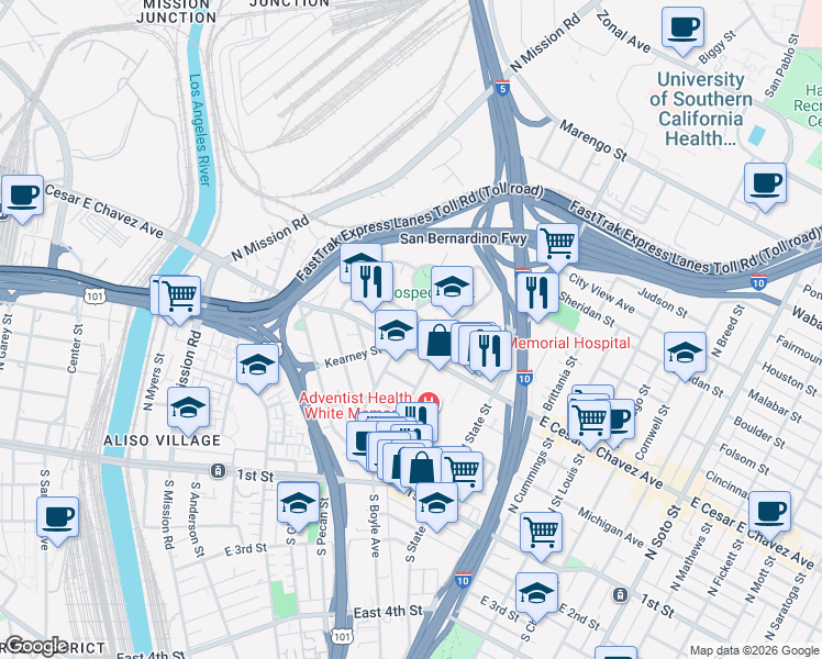 map of restaurants, bars, coffee shops, grocery stores, and more near 1700 East Cesar E Chavez Avenue in Los Angeles