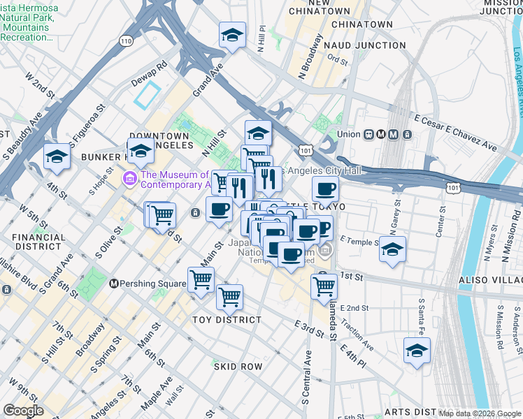 map of restaurants, bars, coffee shops, grocery stores, and more near 218 1st Street in Los Angeles