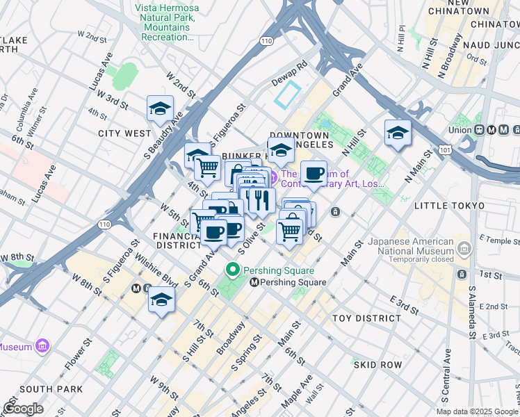 map of restaurants, bars, coffee shops, grocery stores, and more near 350 South Grand Avenue in Los Angeles