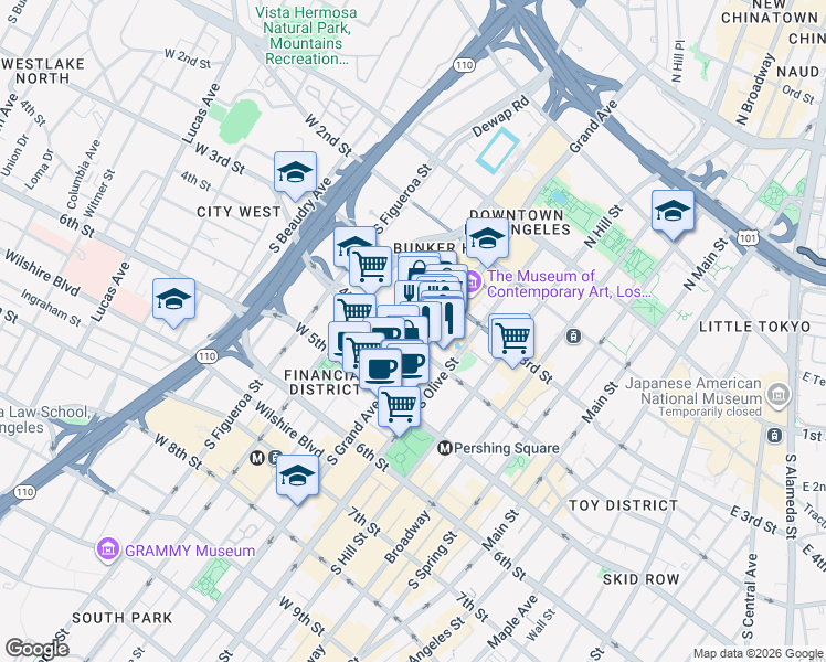map of restaurants, bars, coffee shops, grocery stores, and more near 355 Grand Lower in Los Angeles