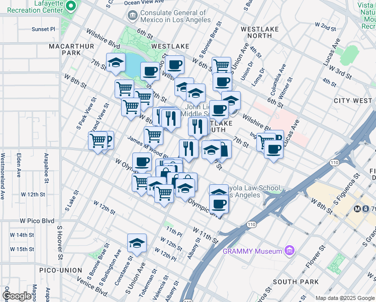 map of restaurants, bars, coffee shops, grocery stores, and more near 1617 West 9th Street in Los Angeles