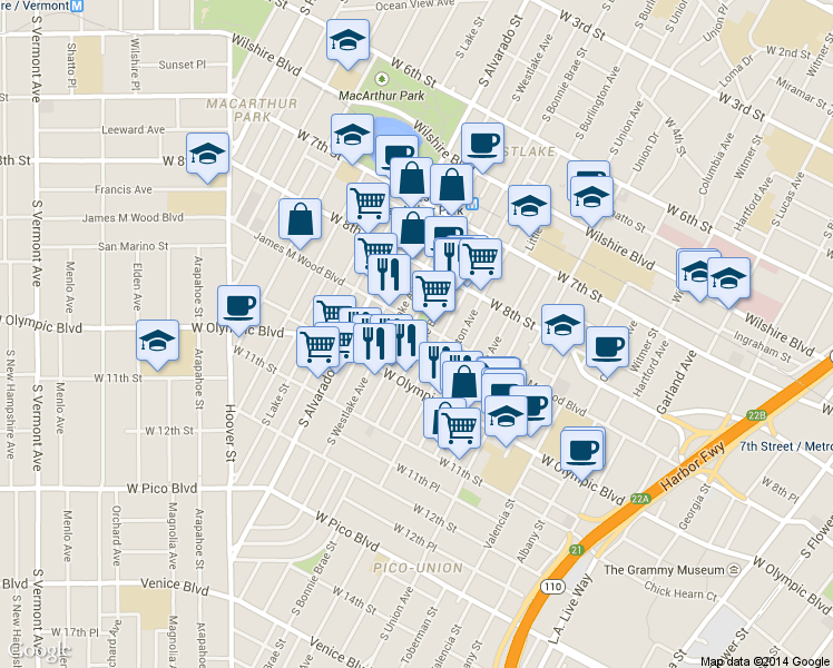 map of restaurants, bars, coffee shops, grocery stores, and more near 930 South Bonnie Brae Street in Los Angeles
