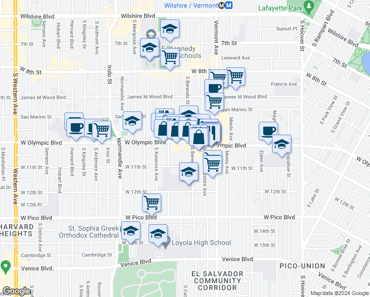 map of restaurants, bars, coffee shops, grocery stores, and more near 1045 South Catalina Street in Los Angeles