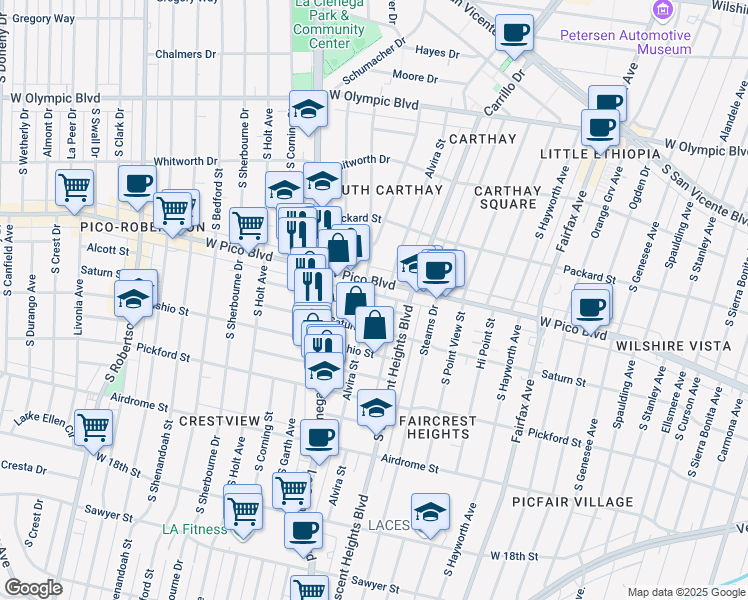 map of restaurants, bars, coffee shops, grocery stores, and more near 1444 Alvira Street in Los Angeles