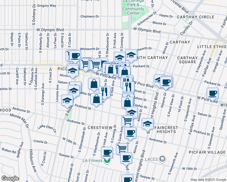 map of restaurants, bars, coffee shops, grocery stores, and more near 1482 South Holt Avenue in Los Angeles