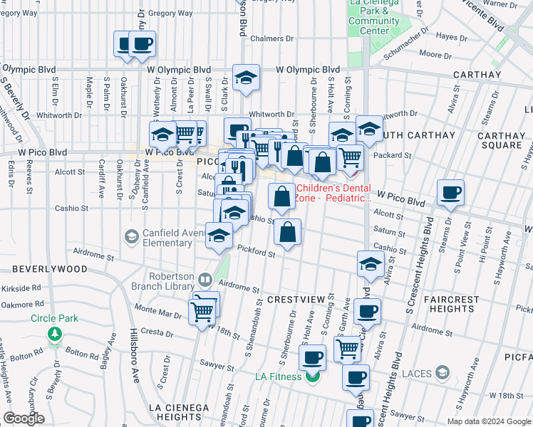 map of restaurants, bars, coffee shops, grocery stores, and more near 1508 South Shenandoah Street in Los Angeles