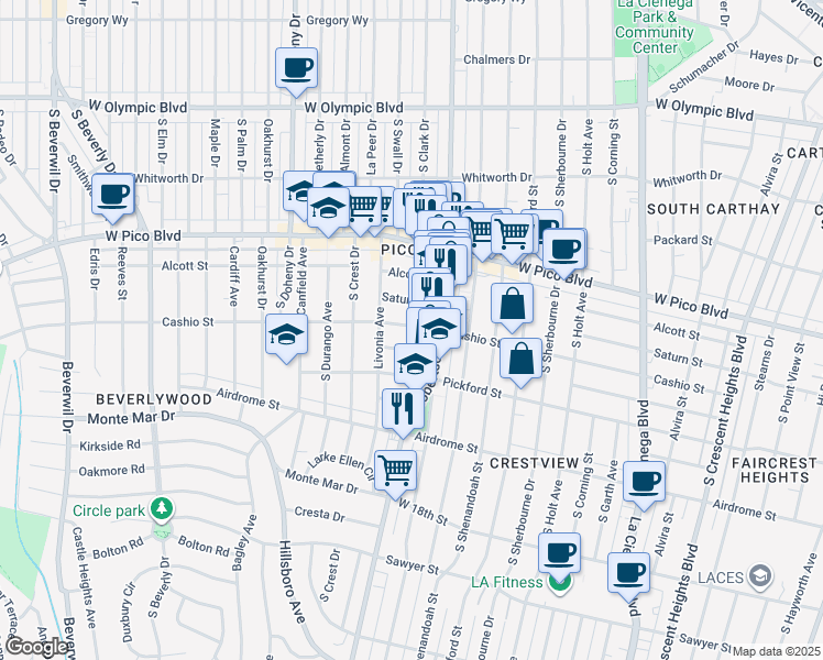 map of restaurants, bars, coffee shops, grocery stores, and more near in Los Angeles