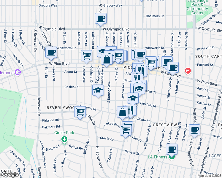map of restaurants, bars, coffee shops, grocery stores, and more near 1532 South Crest Drive in Los Angeles