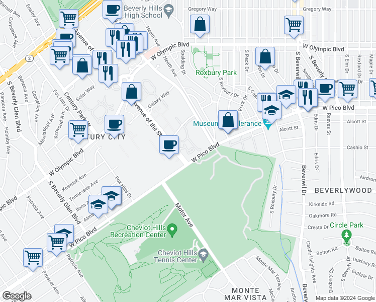 map of restaurants, bars, coffee shops, grocery stores, and more near in Los Angeles