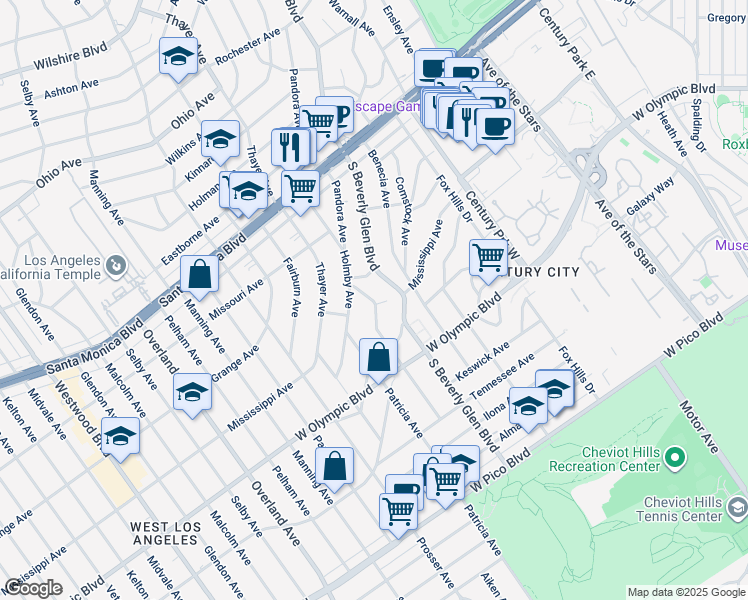 map of restaurants, bars, coffee shops, grocery stores, and more near 2050 Holmby Avenue in Los Angeles