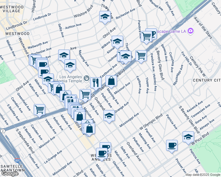 map of restaurants, bars, coffee shops, grocery stores, and more near 1827 Manning Avenue in Los Angeles