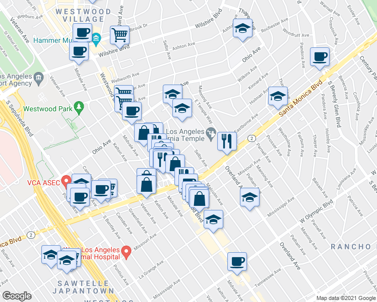 map of restaurants, bars, coffee shops, grocery stores, and more near 1738 Malcolm Avenue in Los Angeles