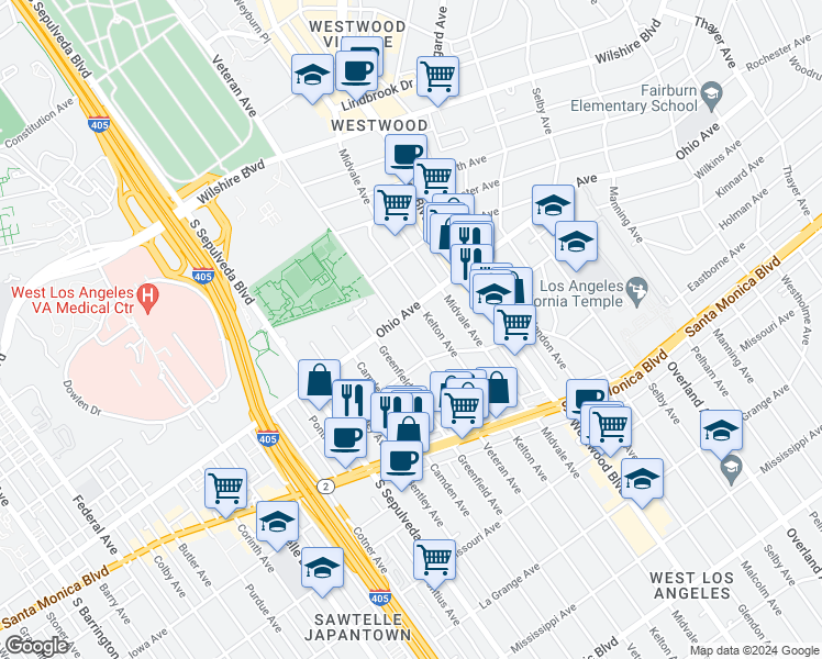 map of restaurants, bars, coffee shops, grocery stores, and more near 1527 Veteran Avenue in Los Angeles