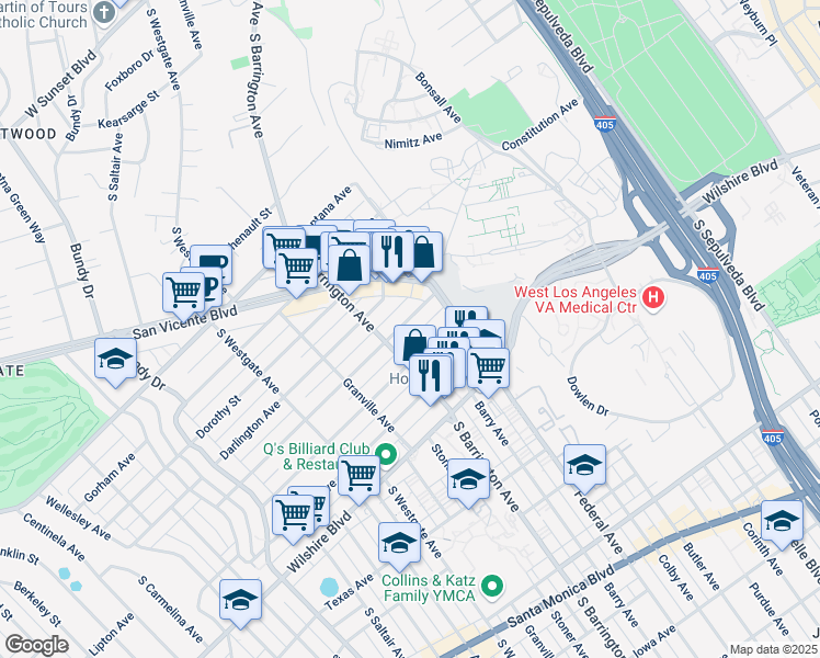 map of restaurants, bars, coffee shops, grocery stores, and more near 11661 Kiowa Avenue in Los Angeles