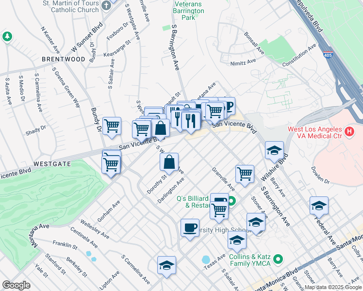 map of restaurants, bars, coffee shops, grocery stores, and more near 11840 Gorham Avenue in Los Angeles