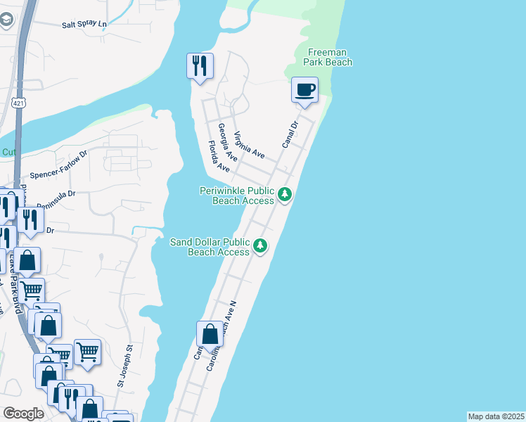 map of restaurants, bars, coffee shops, grocery stores, and more near 1403 Carolina Beach Avenue North in Carolina Beach