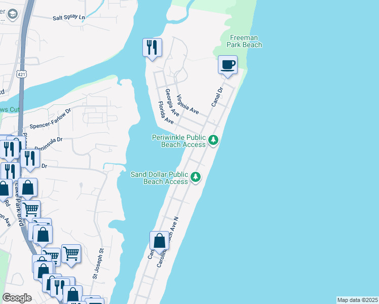 map of restaurants, bars, coffee shops, grocery stores, and more near 1317 Canal Drive in Carolina Beach