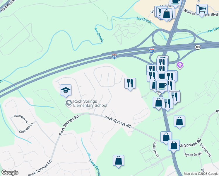 map of restaurants, bars, coffee shops, grocery stores, and more near 3020 Sentinel Parkway in Lawrenceville