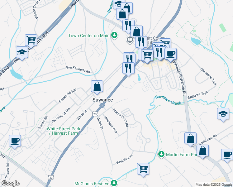 map of restaurants, bars, coffee shops, grocery stores, and more near 504 King Street in Suwanee