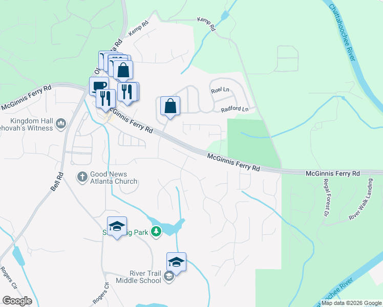 map of restaurants, bars, coffee shops, grocery stores, and more near 960 Blackmar Way in Suwanee
