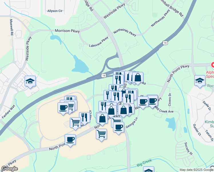 map of restaurants, bars, coffee shops, grocery stores, and more near 1275 North Point Drive in Alpharetta