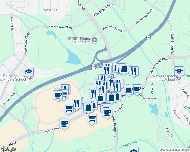 map of restaurants, bars, coffee shops, grocery stores, and more near 1275 North Point Drive in Alpharetta