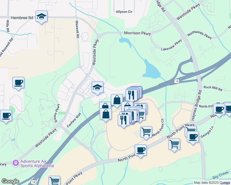 map of restaurants, bars, coffee shops, grocery stores, and more near 305 Duval Drive in Alpharetta
