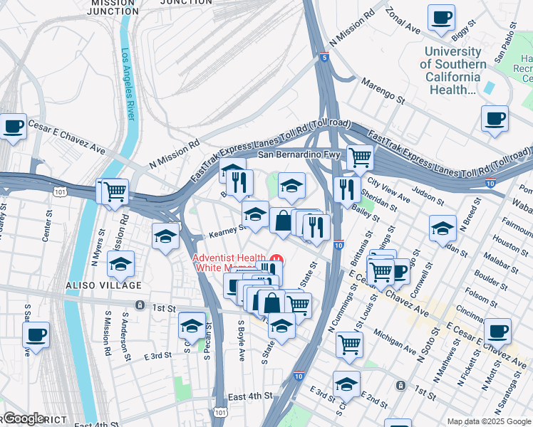 map of restaurants, bars, coffee shops, grocery stores, and more near 516 Echandia Street in Los Angeles