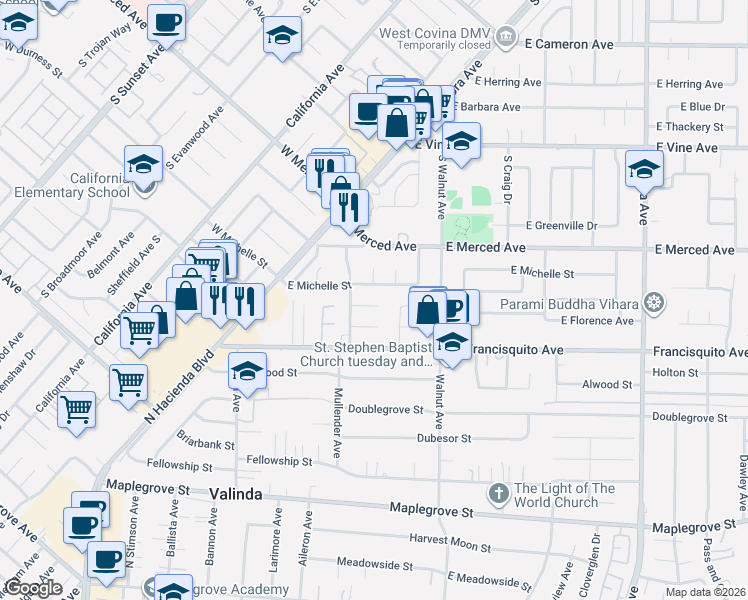 map of restaurants, bars, coffee shops, grocery stores, and more near 437 East Lucille Avenue in West Covina