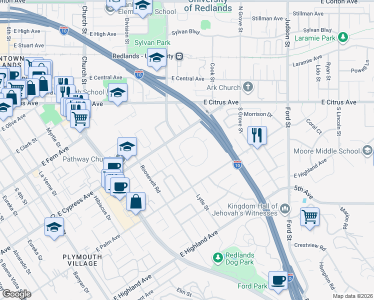 map of restaurants, bars, coffee shops, grocery stores, and more near 1089 Ardmore Circle in Redlands
