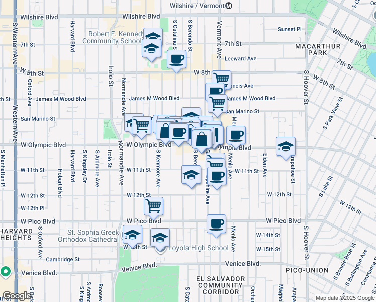 map of restaurants, bars, coffee shops, grocery stores, and more near 1016 South Catalina Street in Los Angeles